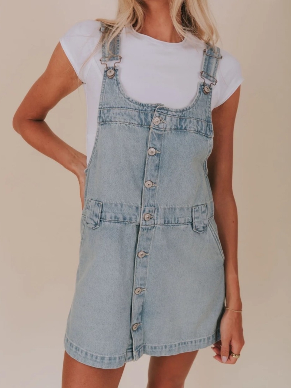 We The Free Light Blue Denim Button-Front Mini Overall Dress